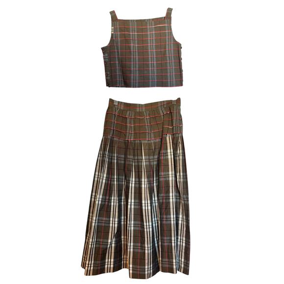 Vintage 80s Nipon Boutique Plaid Midi Skirt Set Pleated Boxy Tank Top Old Money